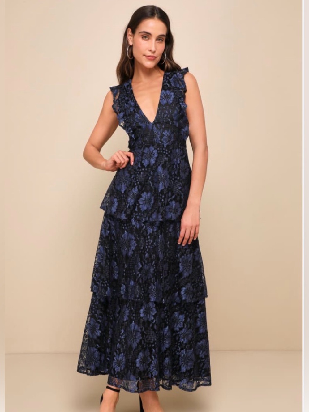 Sleeveless Navy Floral Tiered Maxi Dress